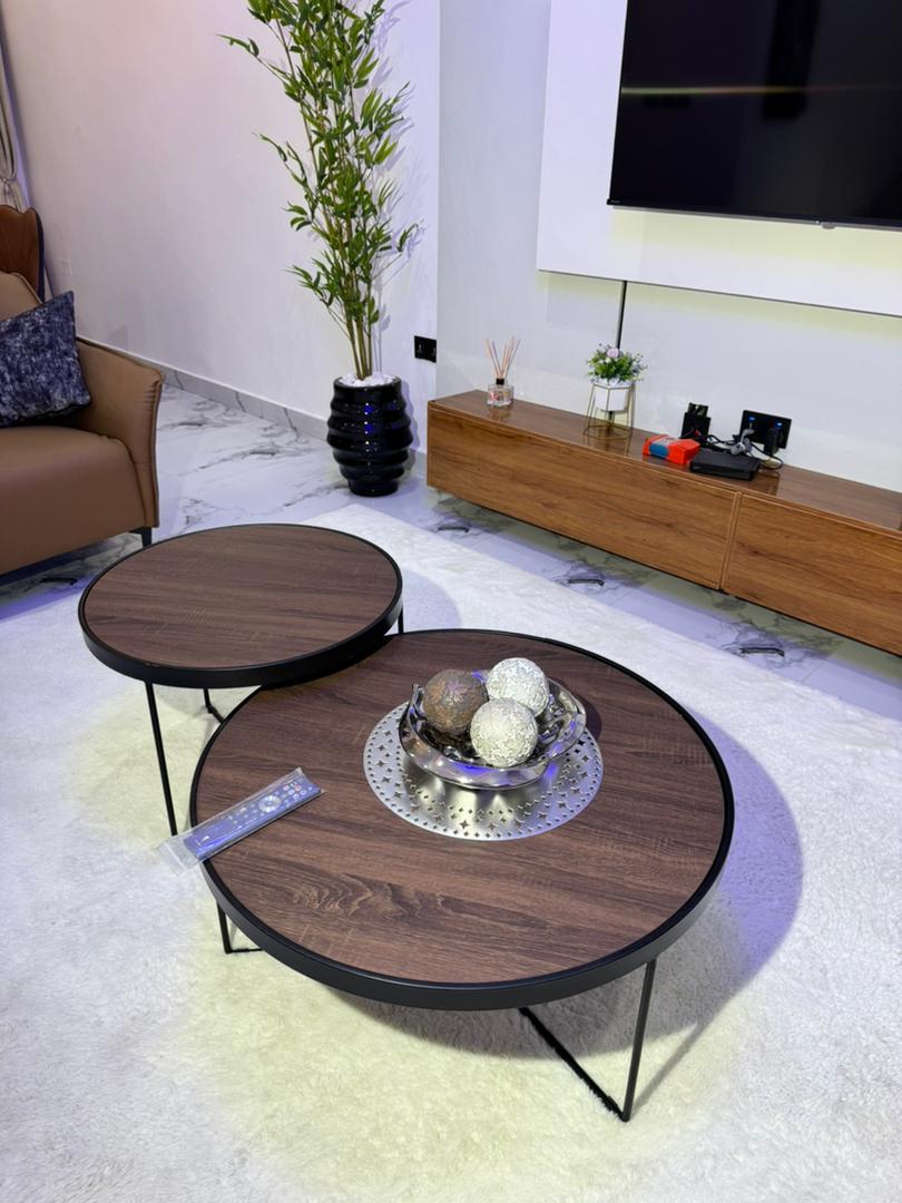 Round coffee tables on a marble floor